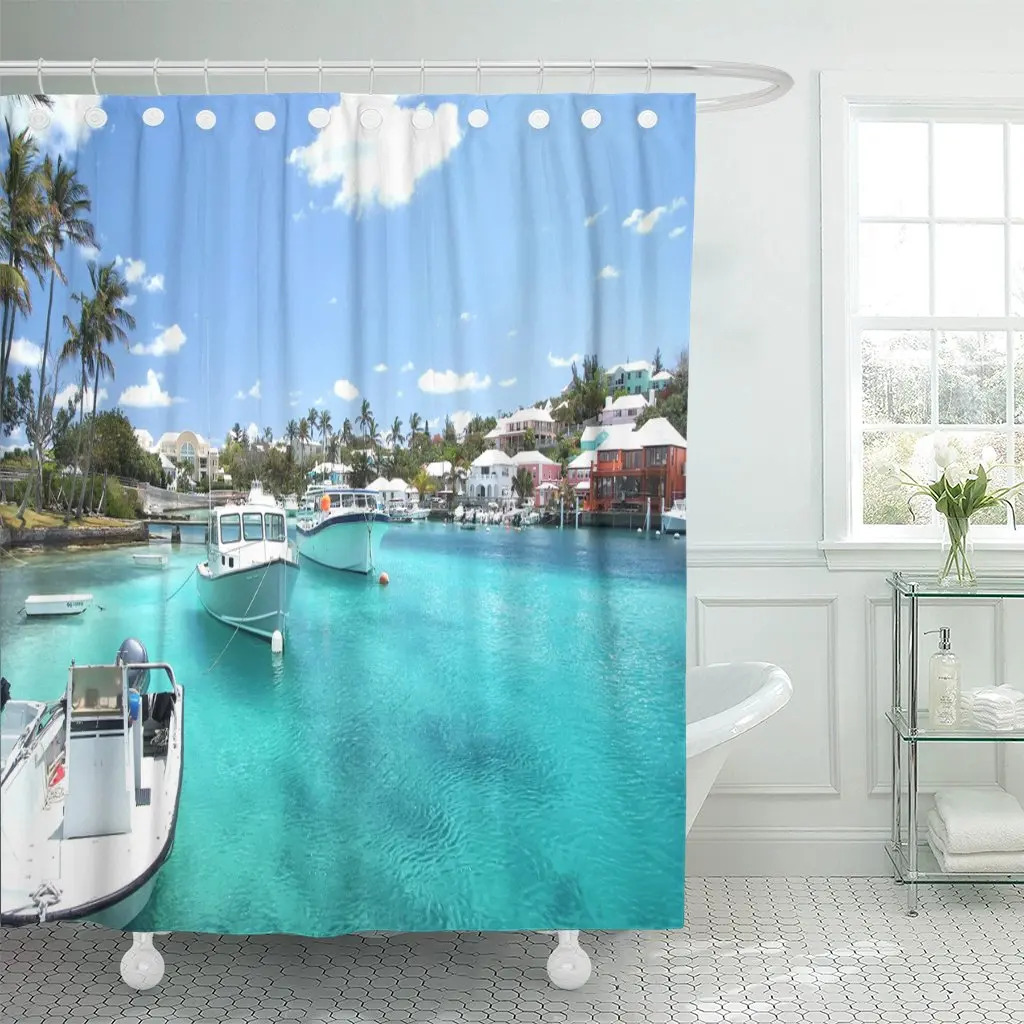 Yacht Boats on Blue Sea Water in Tropical Lagoon Shower Curtain Waterproof Polyester Fabric 60 x 72 Inches with Hooks