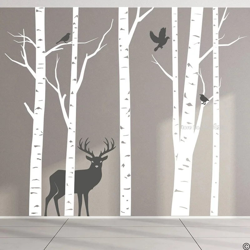 

Large Aspen Trees With Deer And Birds Vinyl Wall Mural Decal Tree Home Decor DIY Removable Wall Sticker For Baby Room Gift LL843