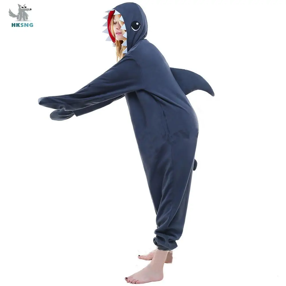 HKSNG New Adult Grey Shark Onesies Costume Kigurumi Fleece Cartoon Pajamas Animal Halloween Party Jumpsuits Pyjamas Suit
