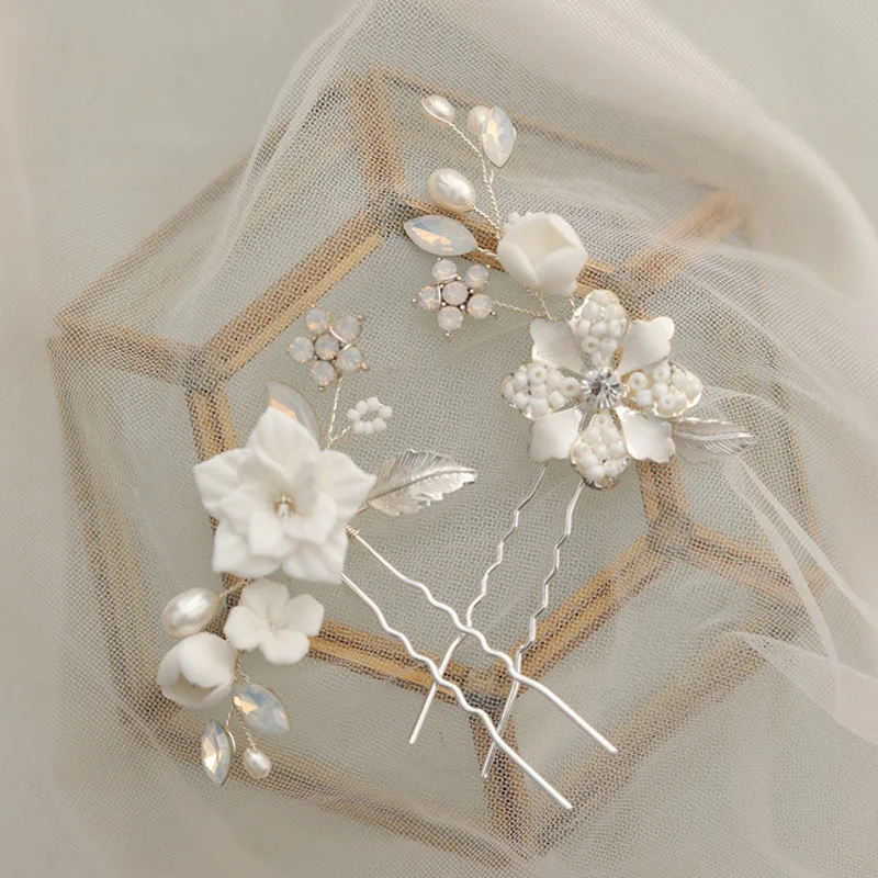 Floralbride Handmade Ceramic Flower Freshwater Pearls Bridal Hair Pin Wedding Hair Sticker Women Jewelry Hair Accessories