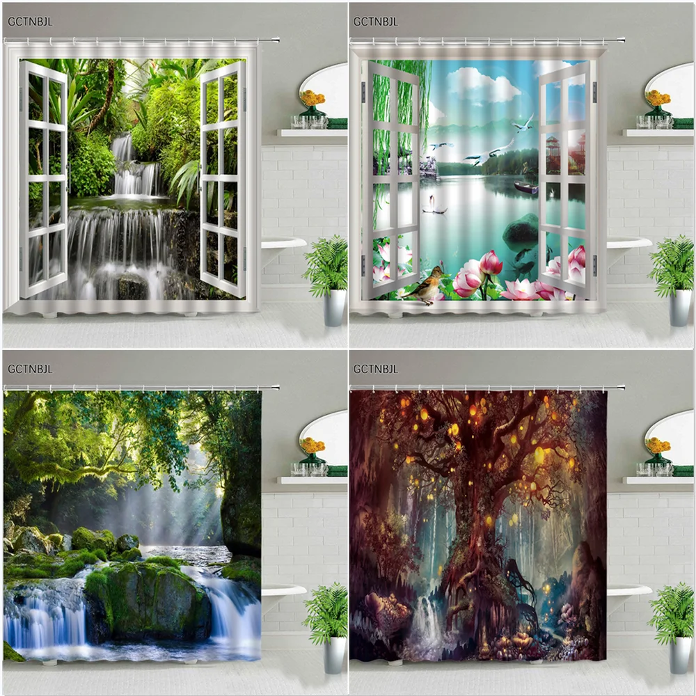 Forest Waterfall Scenery Shower Curtains Green Tree Natural Landscape Bathtub Screen For Bathroom Background Wall Hanging Decor