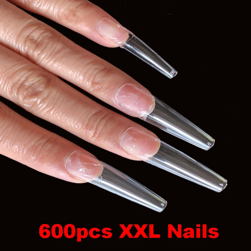 

600pcs/Bag Clear Natural XXL Extra Long Coffin/Stiletto Fake Nail Tips Set Acrylic Half Cover Transparent Salon False Nails