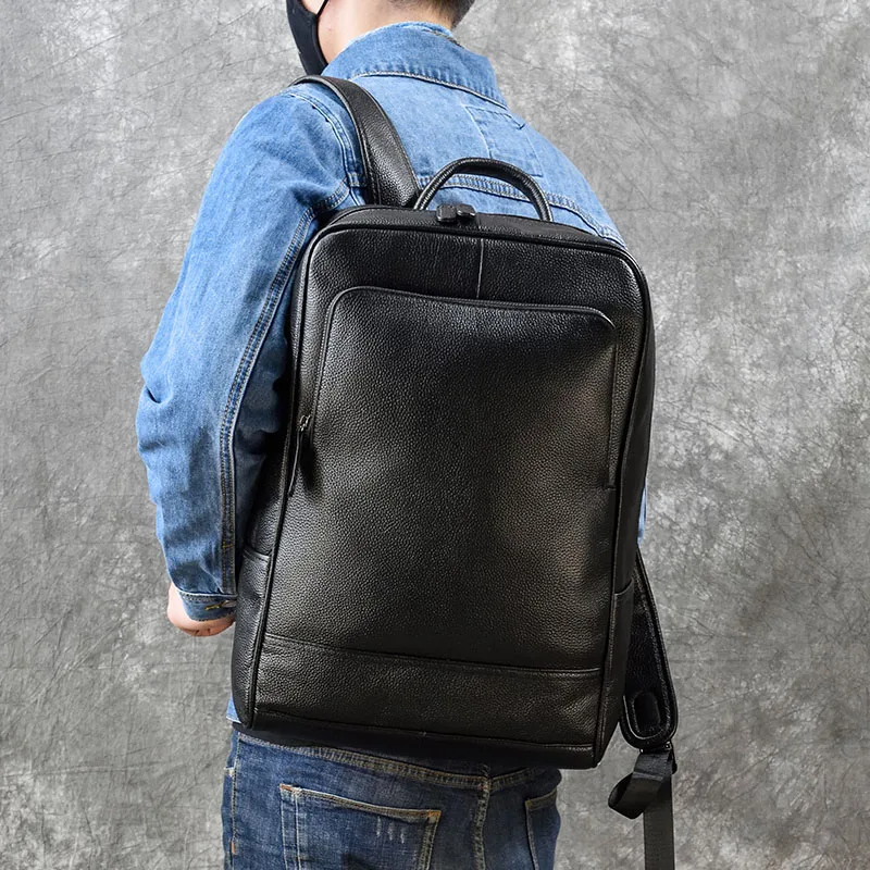 Genuine leather Backpack men women Waterproof 15 inch Laptop Bag Male Business daypack schoolbag for male soft black travel bags