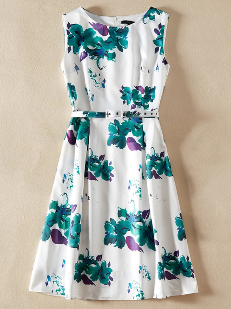 

Brief Flower Print Women A-Line Dress Round Neck Sleeveless White Casual Dresses