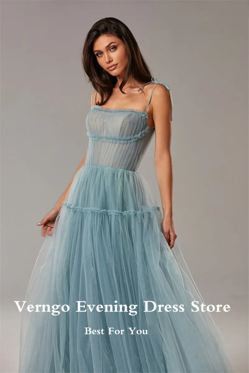 Verngo Simple A Line Dusty Blue Tulle Long Prom Dresses Spaghetti Straps Strapless Pleats Floor Length 2021 Evening Gowns