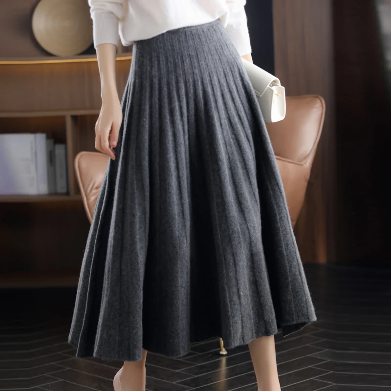 2024 AutumnWinter New Pure Cashmere High-Waist Pleated Long Skirt 100%Wool Women Knit Pack Hip Skirt A-Line Large Umbrella Skirt