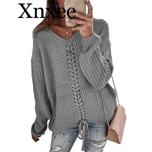 Autumn Winter Women Sweater Solid Yellow V Neck Bandage Long Sleeve Jumper Top Spandex Loose Women's Sweater Jersey Mujer