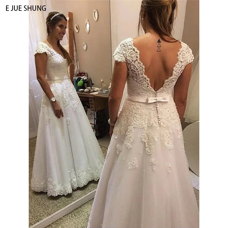 

E JUE SHUNG White Lace Appliques Pearls Luxury Wedding Dresses Cap Sleeves Backless Bridal Gowns Robe De Mariee