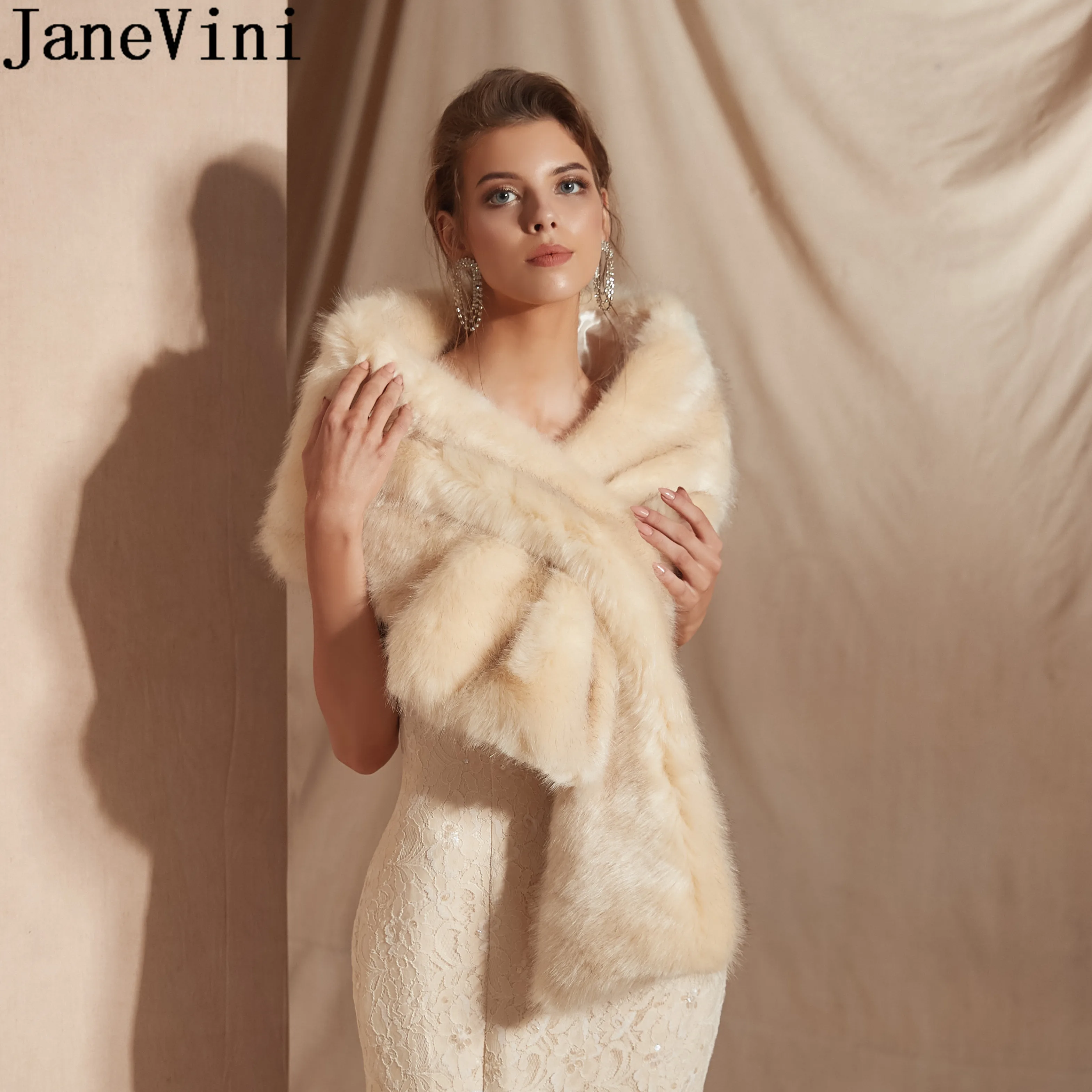 JaneVini Light Champagne Faux Fur Wrap Bridal Shawl Woman Jacket Winter Wedding Fake Fur Coat Collar Wrap Party Boleros Stola