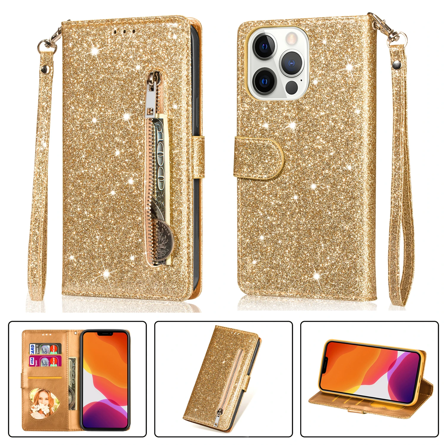 Reißverschluss-Flip-Brieftaschen-Hülle aus Glitzerleder für iPhone 18 17 16 15 14 13 12 11 Pro Max XS XR 8 7 Plus SE 16E Mini Bling Handyhülle – Detail 6