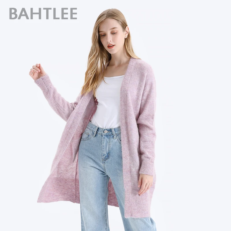 BAHTLEE-Women\'s Mohair Cardigan Sweater, Wool Knitted Jumper, Loose Coat, V-Neck, Long Sleeves, 6 Colors, Autumn