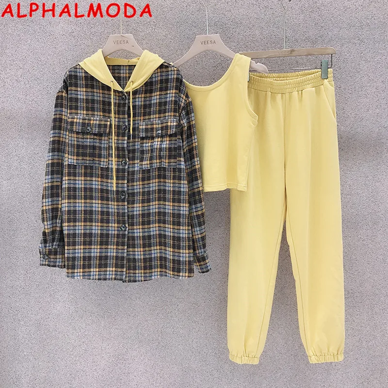 

ALPHALMODA New Plaids Coat + Vest + Pants Women 3pcs Casual Suits Autumn Ladies Trendy Clothes Jogger Set