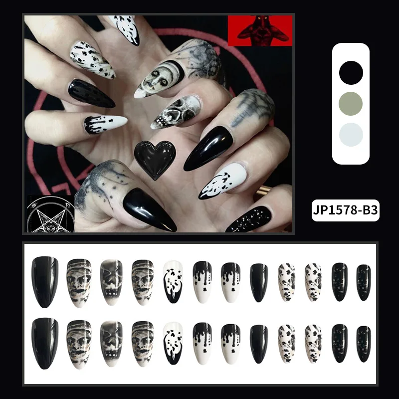 UV Gel Glue Black Solid Color Fake Nails Reusable Ultra Thin Oval Sharp End Stilettos Punk Skeleton False Nails with Liquid Glue