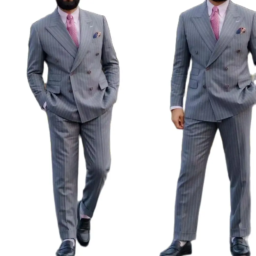 

Grey Coat Men Suits 2 Pieces Stripe Peak Lapel Blazer Trousers Wedding Party Wear Slim Fit Male Clothing Man’s Jacket Pants