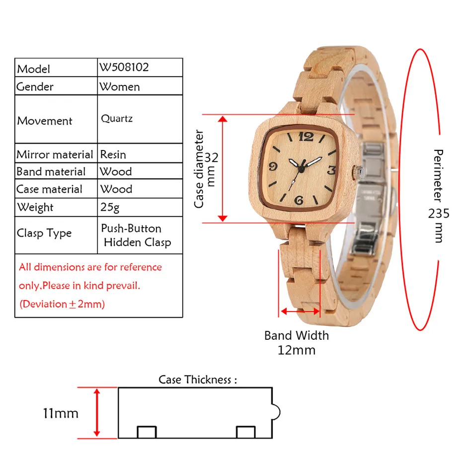 Luxury Maple Wood Ladies Watch Square Dial Full Wooden Bangle Wrist Watches Creative Timepiece Gifts for Girlfriend/Wife