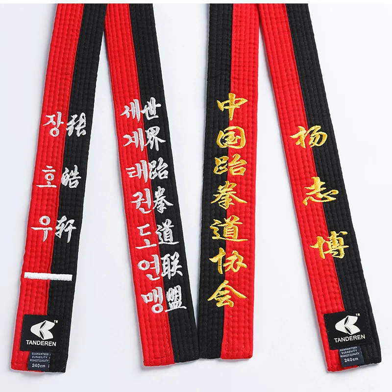 Customize Taekwondo Red Black Belt WTF ITF Taekwondo Belt Embroidery Golden Line Name Dan Karate Judo Uniform Cotton Waist Band