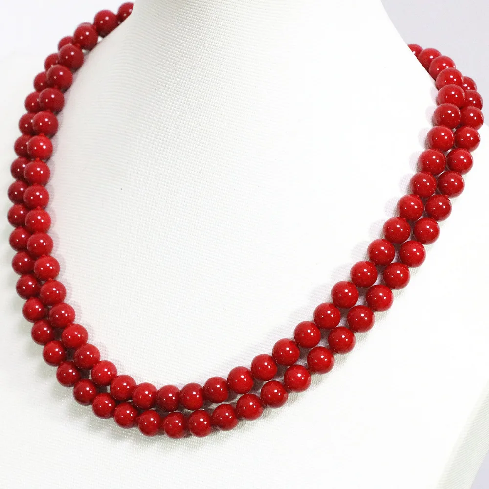 Fashion Delicate imitation red coral round beads necklace 8 10 12mm pretty women party fit clothes long chain jewelry 36inch G88