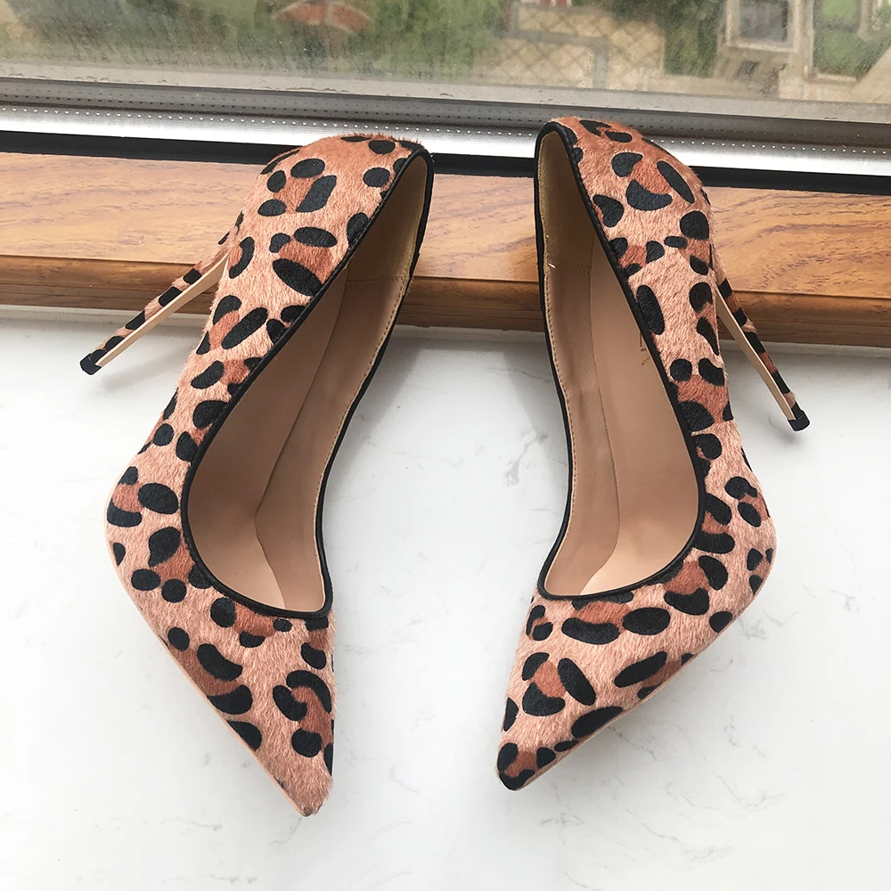 Tikicup Women Leopard Haircalf Pointy Toe High Heel Party Shoes Sexy Slip On Designer Ladies Stiletto Pumps 8cm 10cm 12cm