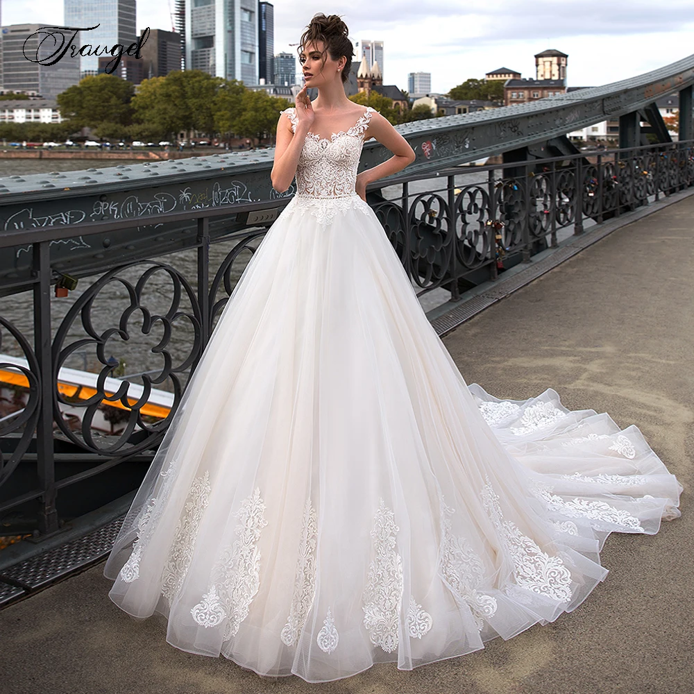 

Traugel Vestidos De Novia, сексуальное свадебное платье трапециевидной формы с иллюзией и кружевом, роскошное свадебное платье с аппликацией на рукавах и пуговицах со шлейфом