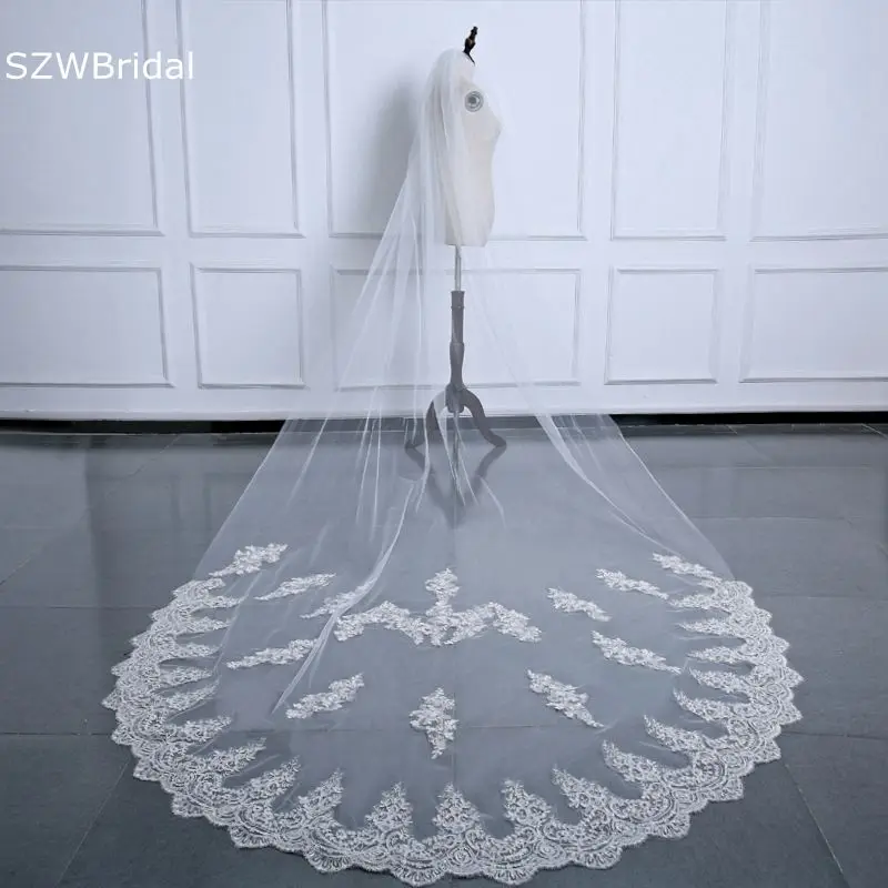 New Arrival White Ivory Cathedral Wedding Veils Long Lace Edge Bridal Veil with Comb Wedding Accessories Bruiloft Matrimonio