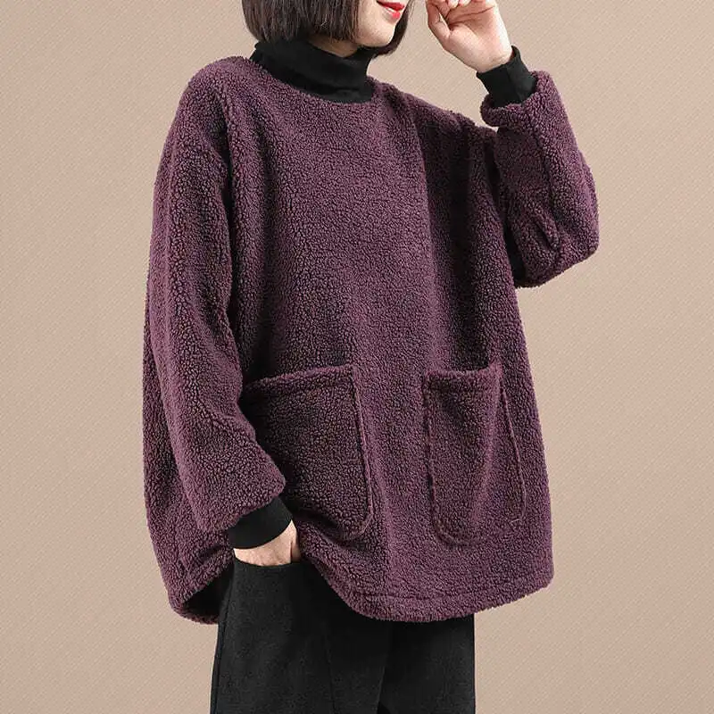 Women Lamb Wool Thicken Sweatshirts Casual Loose Turtleneck Double Pocket All-Match Warm Student Sweet Girl Daily Pullovers