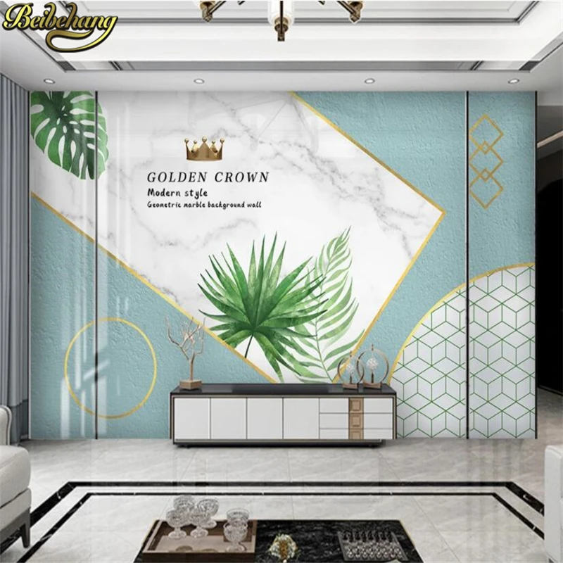 

beibehang custom Modern minimalist geometric marble tropical leaf wallpaper for living room TV sofa background mural wall paper
