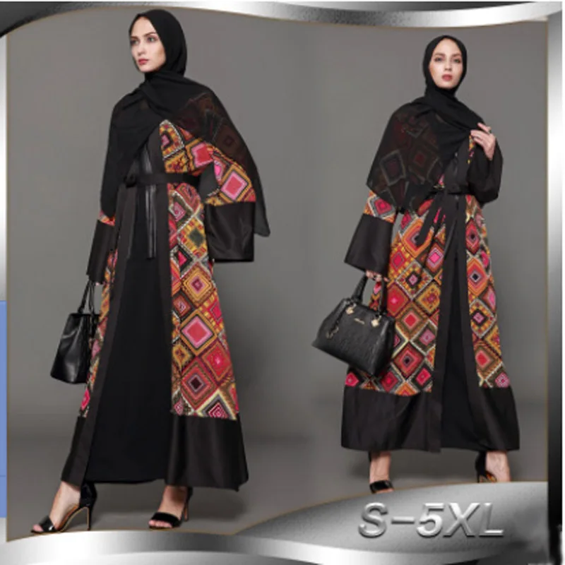 Vintage Contrast Print Cardigan Muslim Dress Coat,Islamic Gown Abaya/Tunic Long Robes Kimono Ramadan Arabic Turkish Thobe