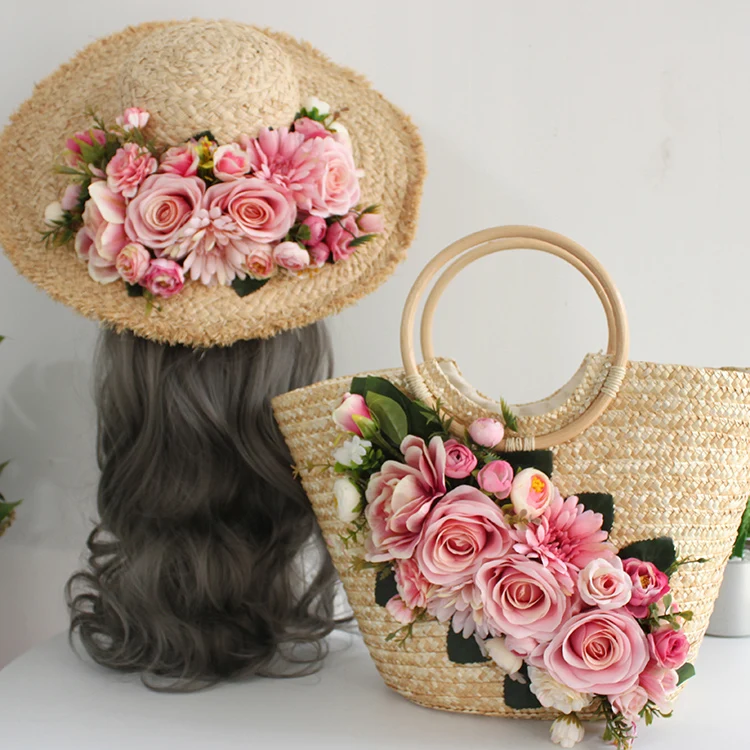 Rattan bolsa e chapéu para as mulheres, casual, colorido, com flor artificial, estilo boemia, palha, para férias, verão