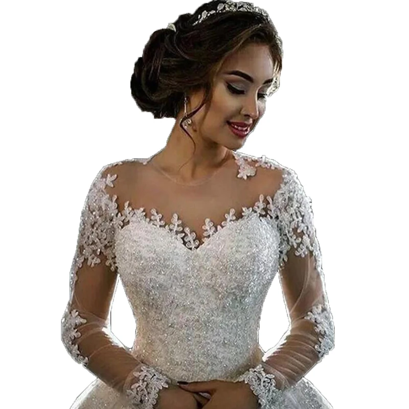 Luxury Rhinestone Lace Long Sleeves Wedding Dresses Lace Appliques Ball Gown Tulle Princess Bride Dress vestidos de novia