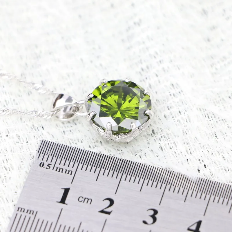 Silver 925 Round Pendant Necklace for Women Olive Green Cubic Zirconia White Crystal Wedding Accessories