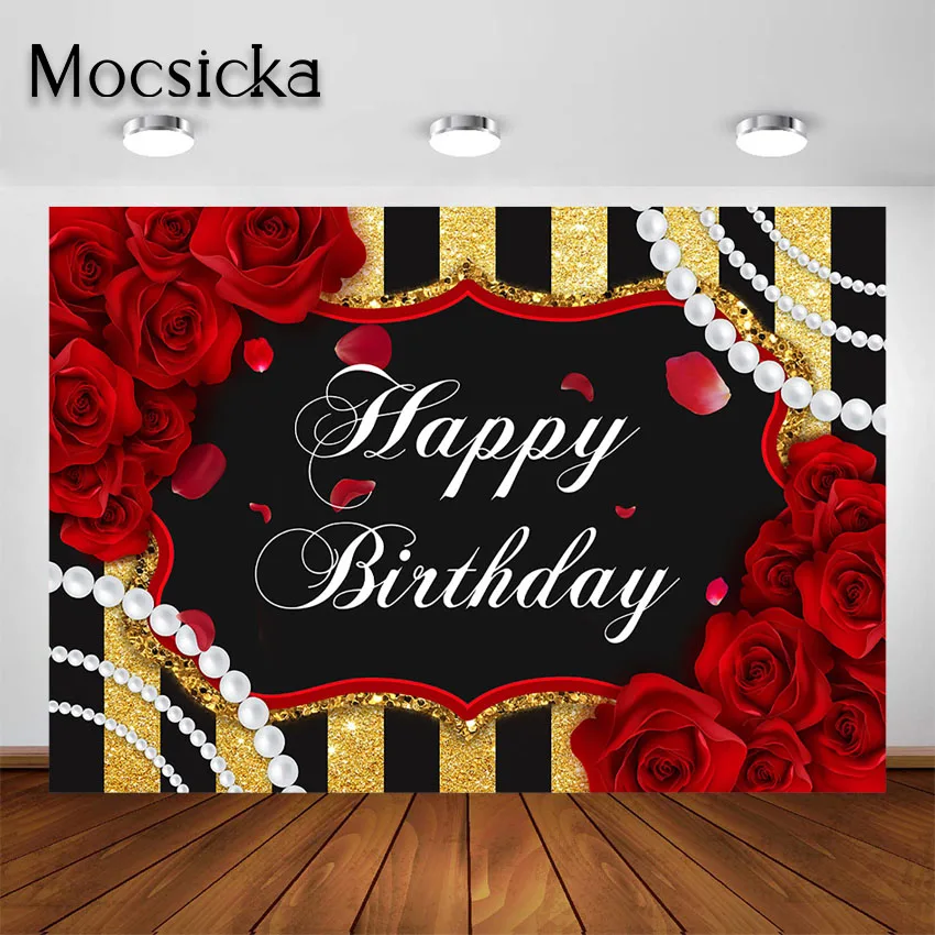 Mocsicka Red Rose Happy Birthday Backdrop Girls Woman Bday Party Roses Floral Pearl Black and Gold Stripes Decoration Background