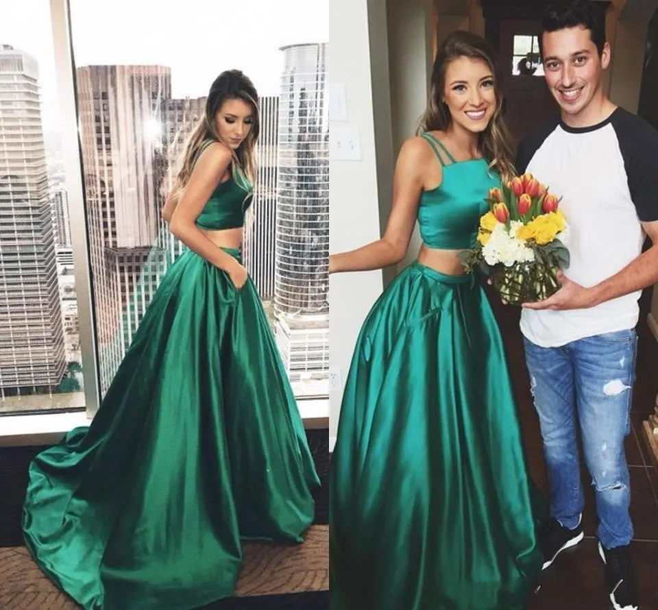 Groene Twee Stukken Prom Dresses 2020 Spaghetti Strapless Een Lijn Lange Met Zakken Avondjurken Sweep Trein Speciale Gelegenheid Jurk