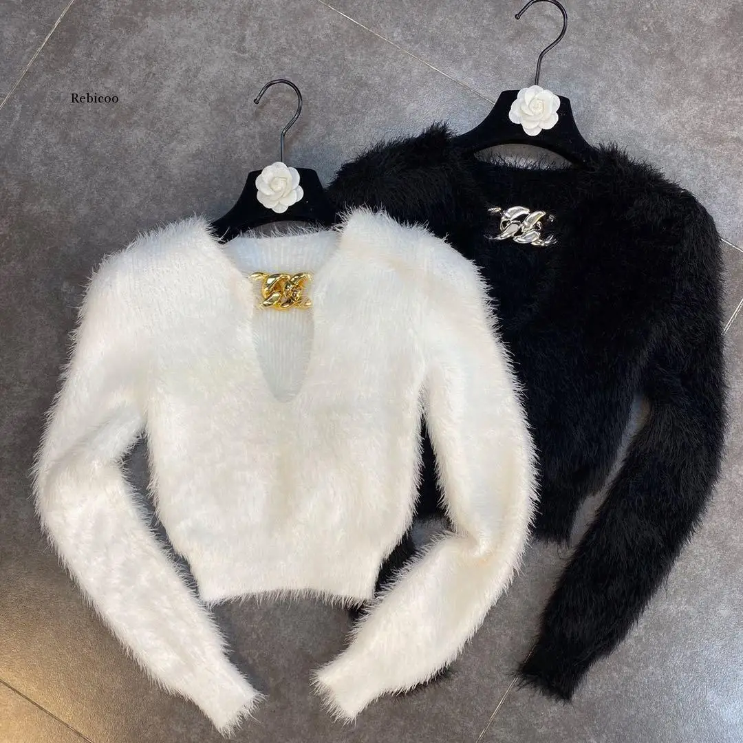 

Winter Japan Style Fashion Chains Pullovers Women Sexy V-Neck Long Sleeve Femme Tops Autumn New Vintage Knitted Sweaters