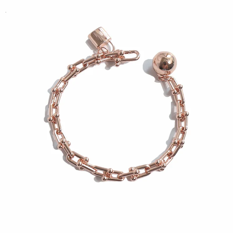 Rose Gold Color Adjusted Size Chain Stainless Steel Thick Version U Shape Style Lock Ball Charms Bracelet For Women Men Jewelry