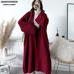 Oversized Sweater Cardigan Women Winter Coat Side Pockets Design Chunky Knitted Long Cardigan Thick Sweaters Over Knee