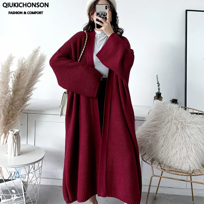 Oversized Sweater Cardigan Women Winter Coat Side Pockets Design Chunky Knitted Long Cardigan Thick Sweaters Over Knee