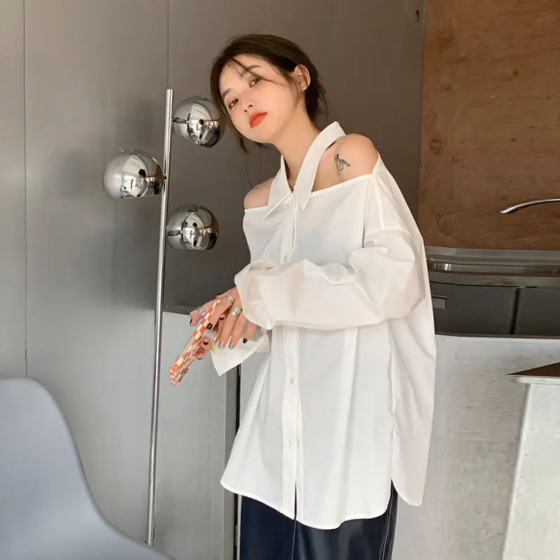 Shirts Women White Fashion Korean Style Vintage Turn-down Collar Office Lady Hollow Out Sexy Off Shoulder Loose Street Elegant