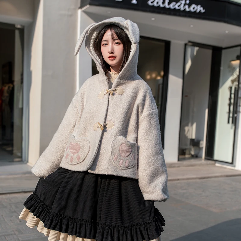 Cappotto corto in lana con orecchie di coniglio dolce lolita coreano stile Harajuku colletto alla peter pan stile preppy morbido ragazza principessa top giapponese