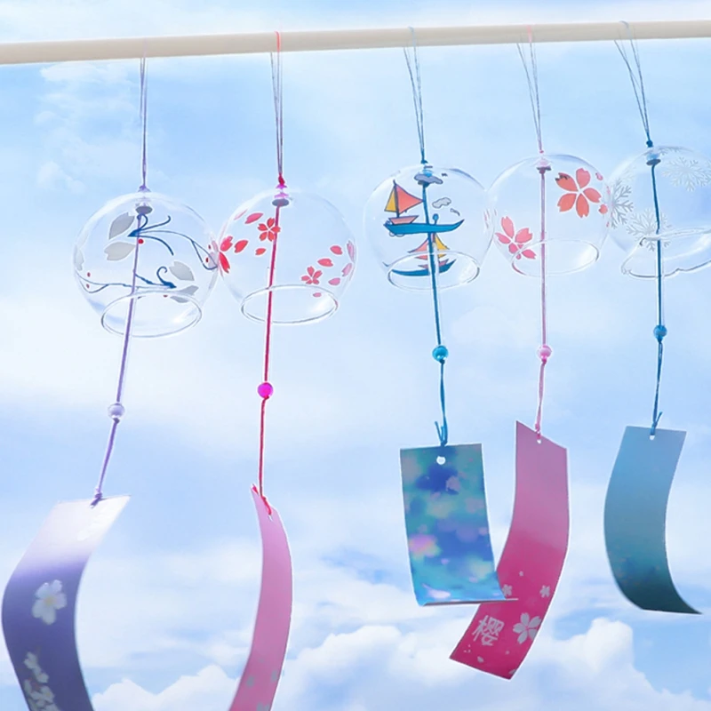 Japanese sakura Style Glass Wind Chime Cherry Blossom Wind Hanging Bells Doorbell Cute Girl Room Pendant Home Decoration