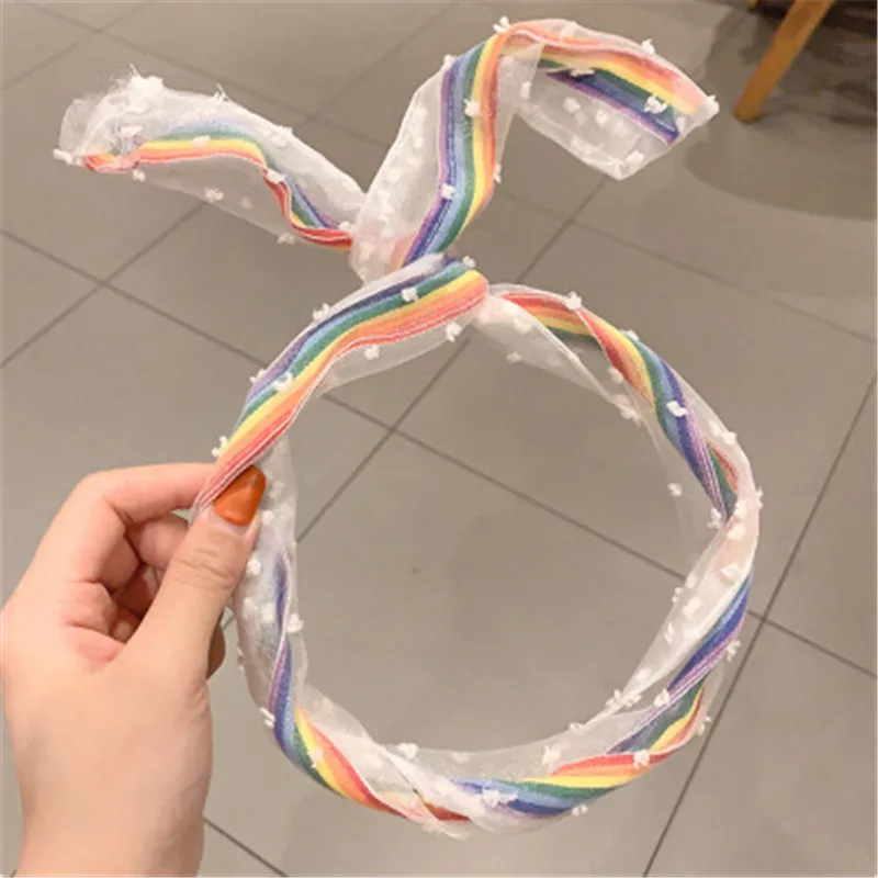 Girls Rainbow Net Yarn Scarf Headwear Cute Ear Rabbit Metal Wire DIY Bow Headband kids Twist Hair Bands Girls Hair Accessories