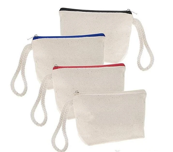 300pcs/lot High quality blank canvas zipper pouches cotton cosmetic Bags makeup bags Mobile phone bag With Rope