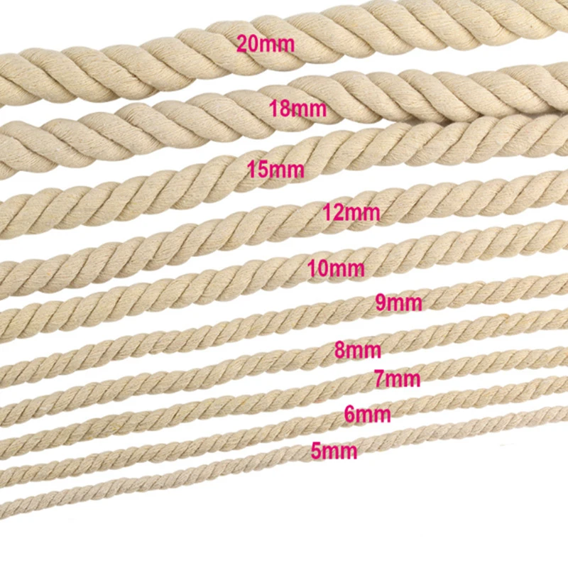 2meter Beige 100% Cotton Three twisted Rope String Cord Twine Sash Craft 5mm-20mm Cotton Thick Cords For Handmade Decorative