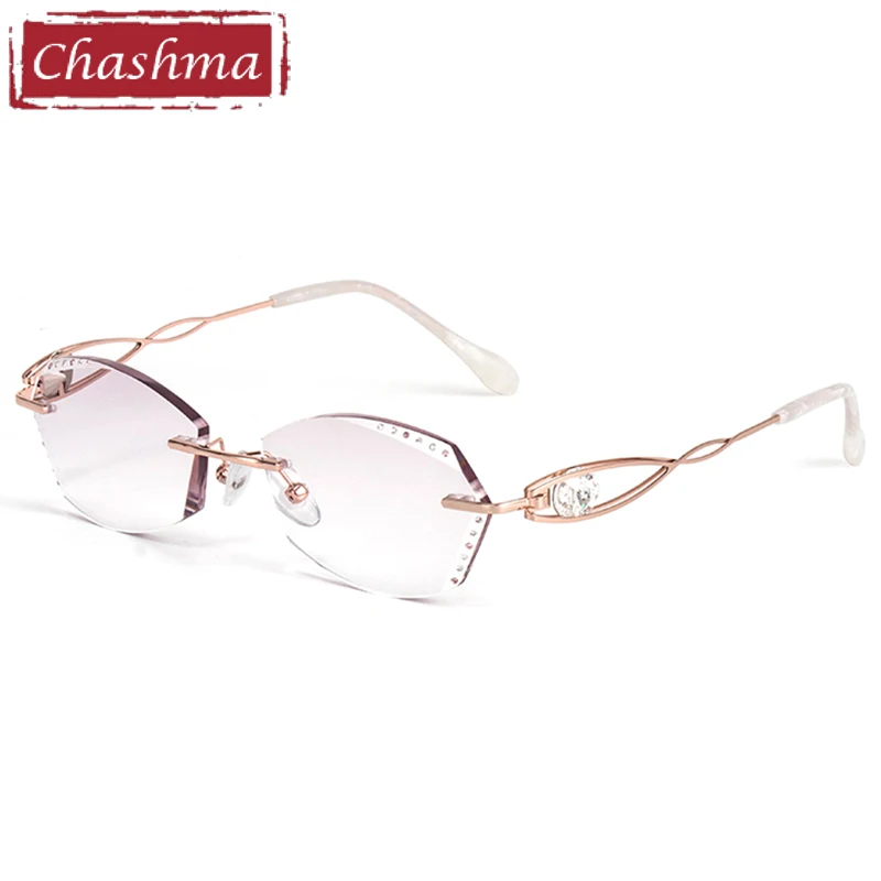 Chashma Female Titanium Frame Colored Lenses Opticos RX Gafas Women Diamond Stones Light Eyeglasses Rimless Spectacles