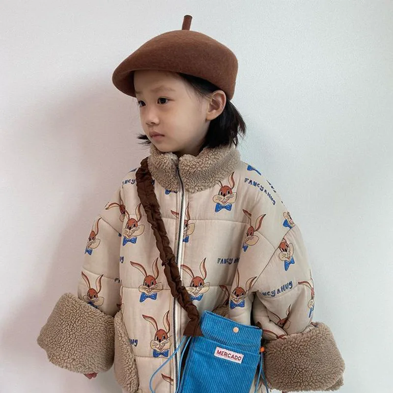 Cartoon Winter Girl Floral Coats Toddler Korean Style Rabbit Printed Outerwear Children Snow Wear Thick Jackets for Girl 1-10Y