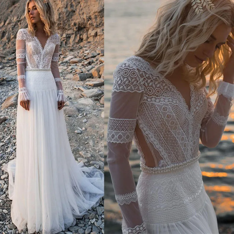 Robes de mariée élégantes à col en V Boho, perles, manches longues, dentelle, quoi que ce soit avec train, tulle plissé, mariée, 2023