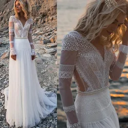 Boho V-Neck Wedding Dresses Beads Long Sleeves Lace 2026 Bride Gowns With Train Tulle Pleat Elegant Illusion Customized