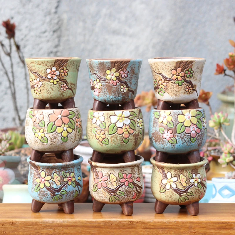 Horticultural Hand-painted Fleshy Plant Pot Rough Pottery Korean-style Simple Small Old Pile Air Permeable Thumb Pot Ceramics