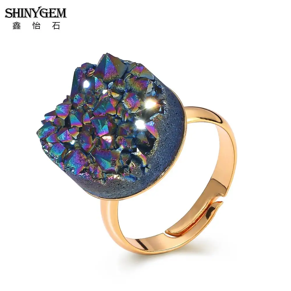 

ShinyGem Fashion 15*15mm Round Natural Crystal Druzy Ring Charm Adjustable Gold Plating Minerals Geode Gem Stone For Women