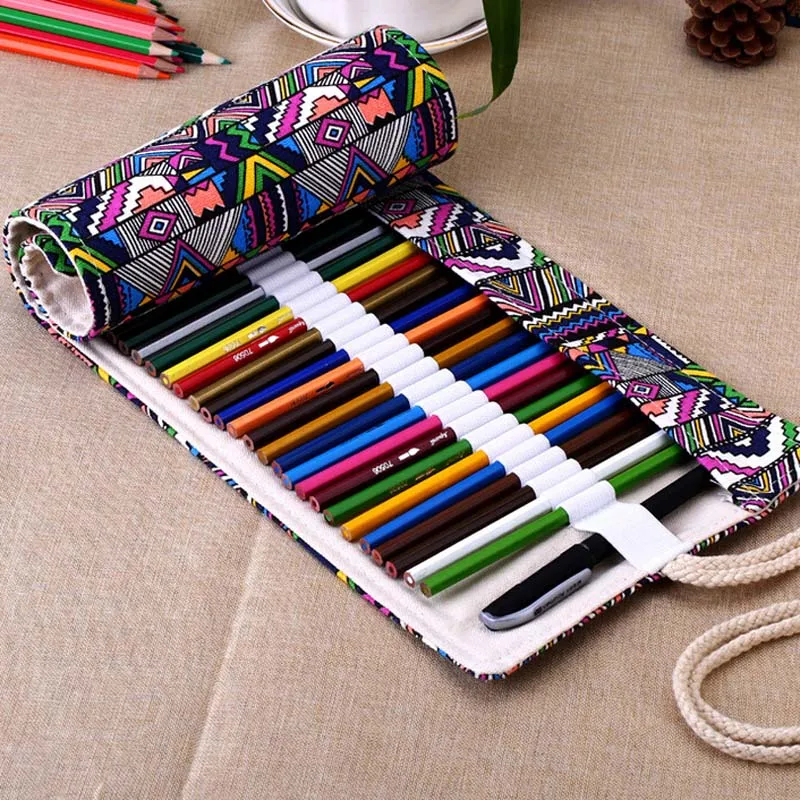 

12/24/36/48 Holes Roll Colored Art Pencil Case Kawaii School Students Supplies Paint Brush Pen Bag Cute Pencil Cases Stationery