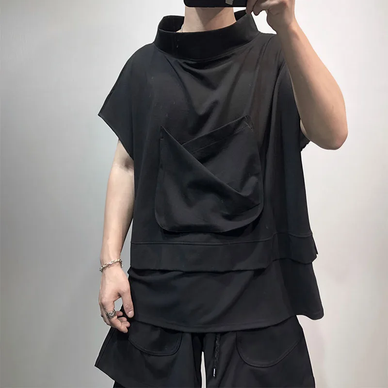 Men's Sleeveless T-Shirt Vest Summer Korean Version Loose Irregular Design Stand Collar Casual Hip Hop Large Size Vest